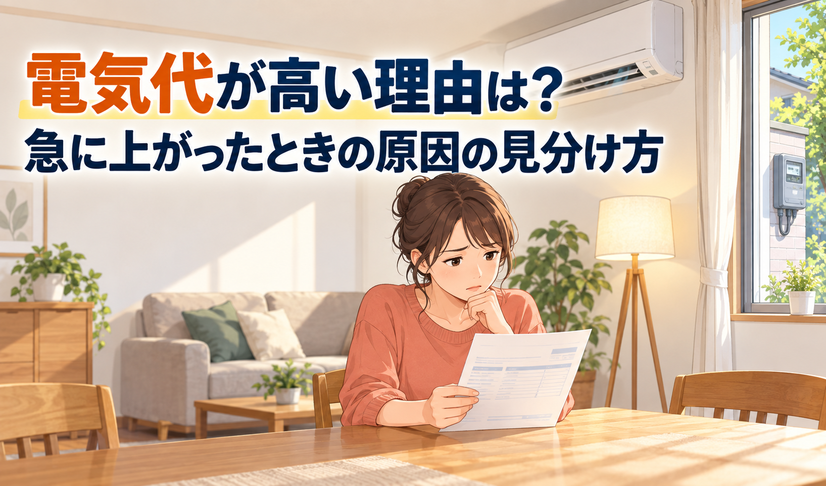 電気代が急に上がった請求書を見て、家電や電力量計を確認しながら原因を考える女性のイラスト