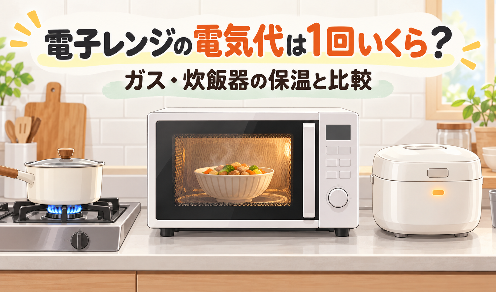 画像サイズ:600×353px(実ファイルで確認済み) alt属性:ガスコンロの鍋、食品を温める電子レンジ、保温中の炊飯器を並べた比較イラスト