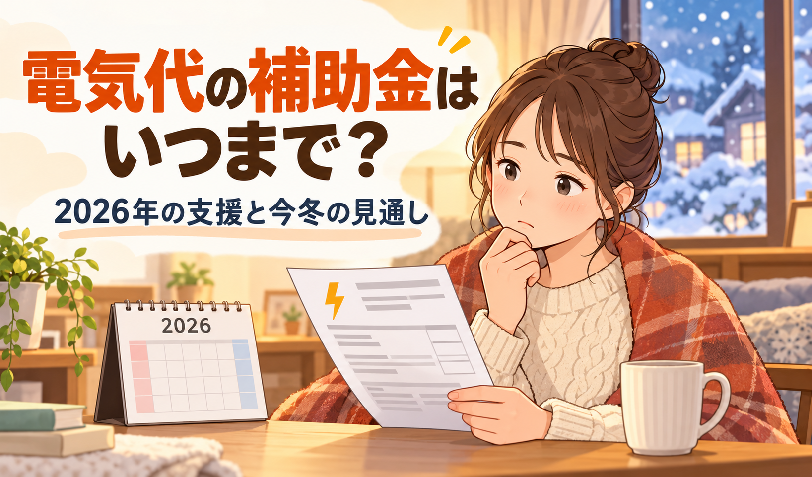 雪の見える部屋で、2026年のカレンダーと電気料金の請求書を見ながら補助金の期限を考える女性のイラスト