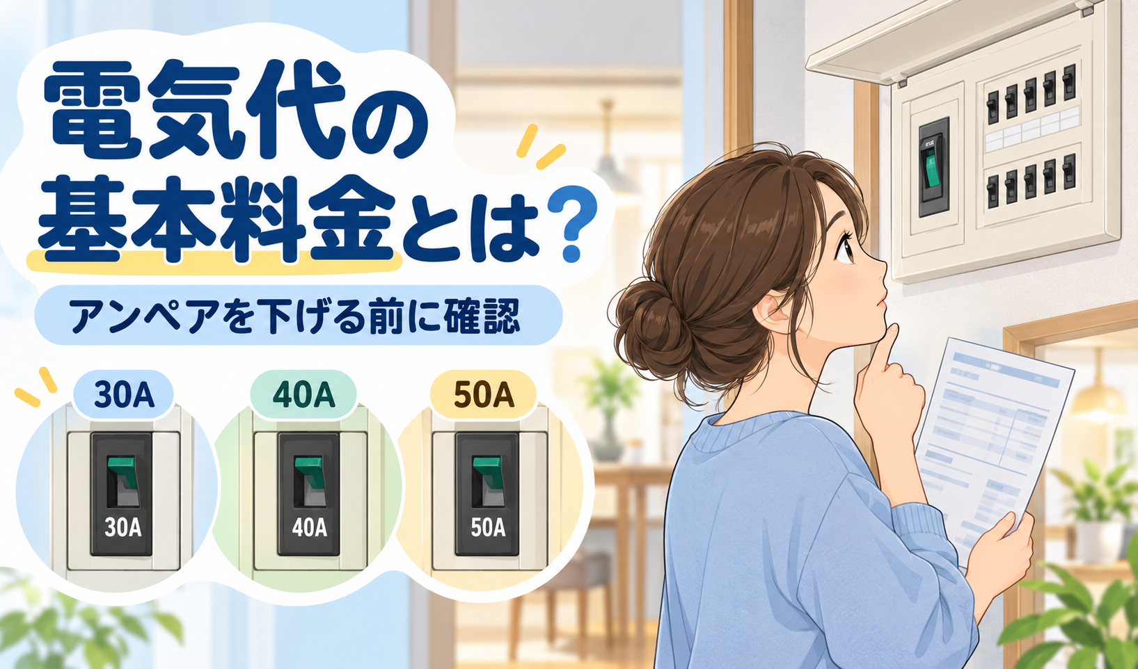 電気料金の請求書を手に、分電盤と30A・40A・50Aの違いを確認する女性のイラスト