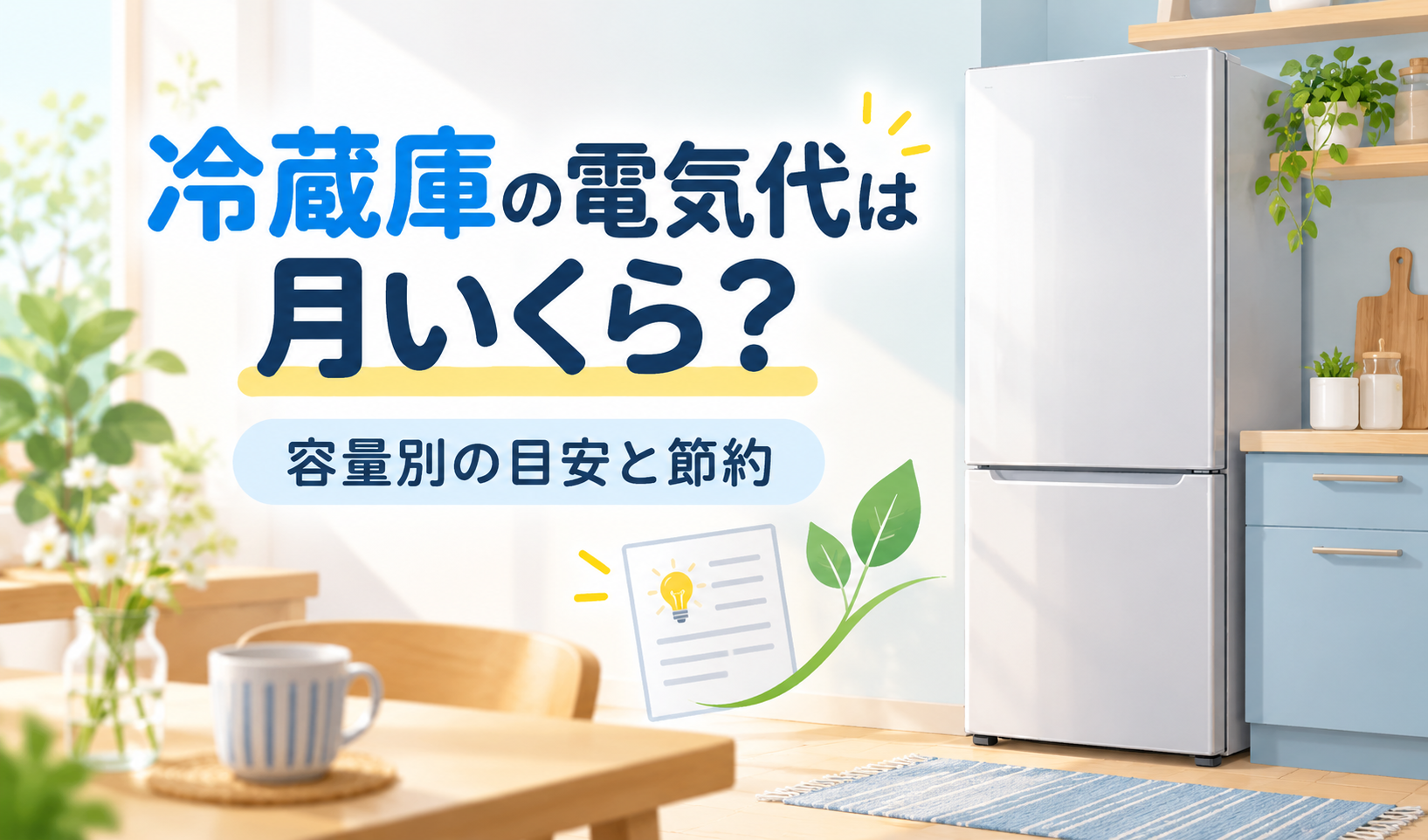 「冷蔵庫の電気代は月いくら？」という見出しと、キッチンに置かれた冷蔵庫を描いたイラスト