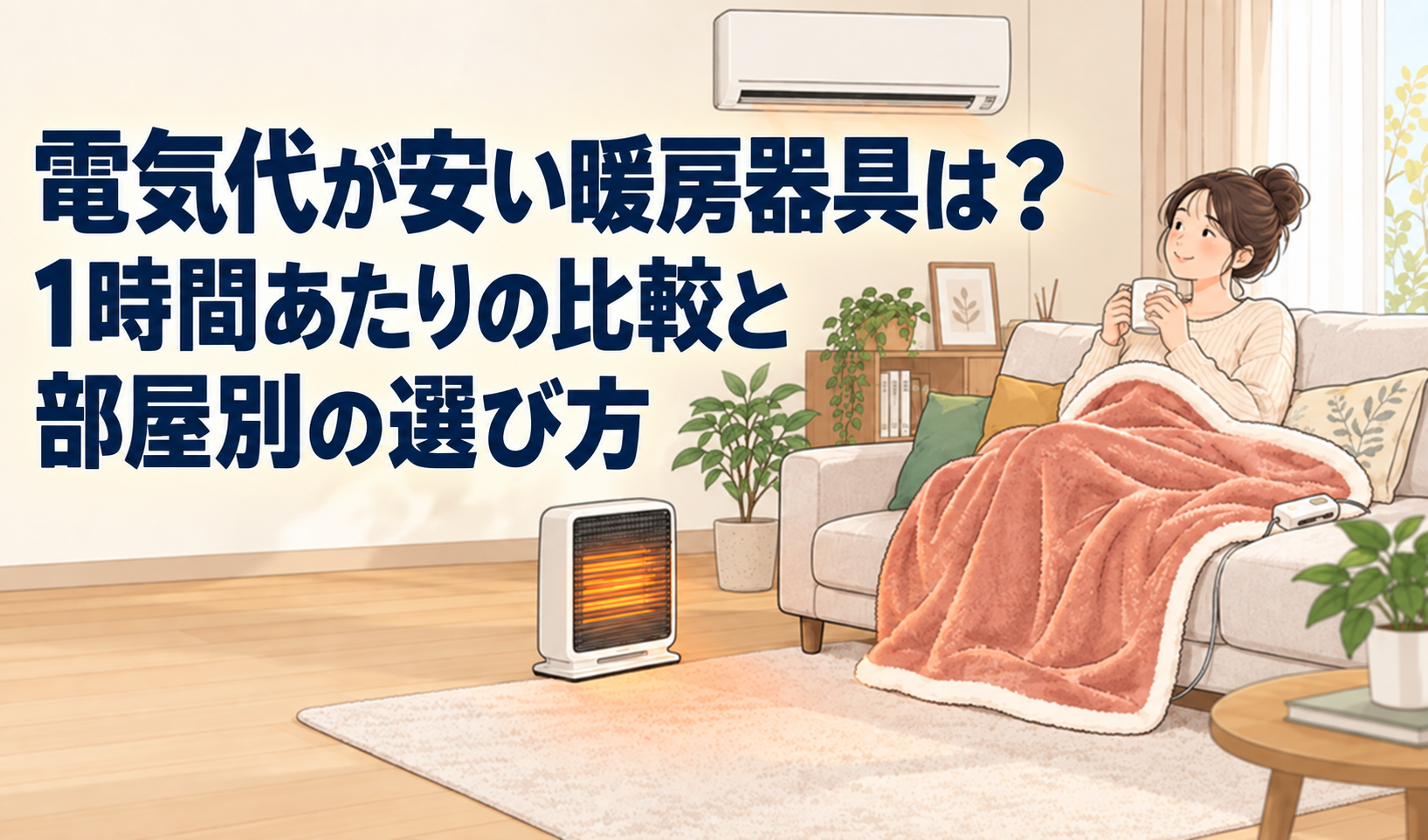 エアコンと小型ヒーター、電気毛布を使う部屋に「電気代が安い暖房器具は？1時間あたりの比較と部屋別の選び方」と書かれたサムネイル