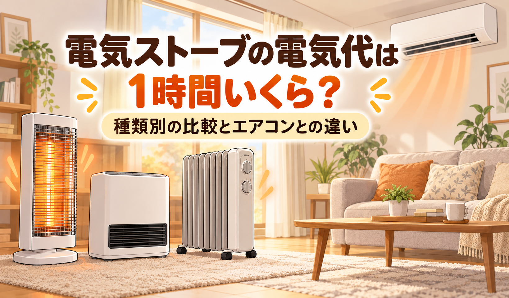 3種類の電気ストーブとエアコンを室内に描いた、1時間あたりの電気代を比較する記事のサムネイル