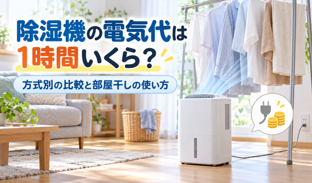部屋干しの洗濯物のそばで除湿機を使い、電気代を示す見出しを添えたサムネイル