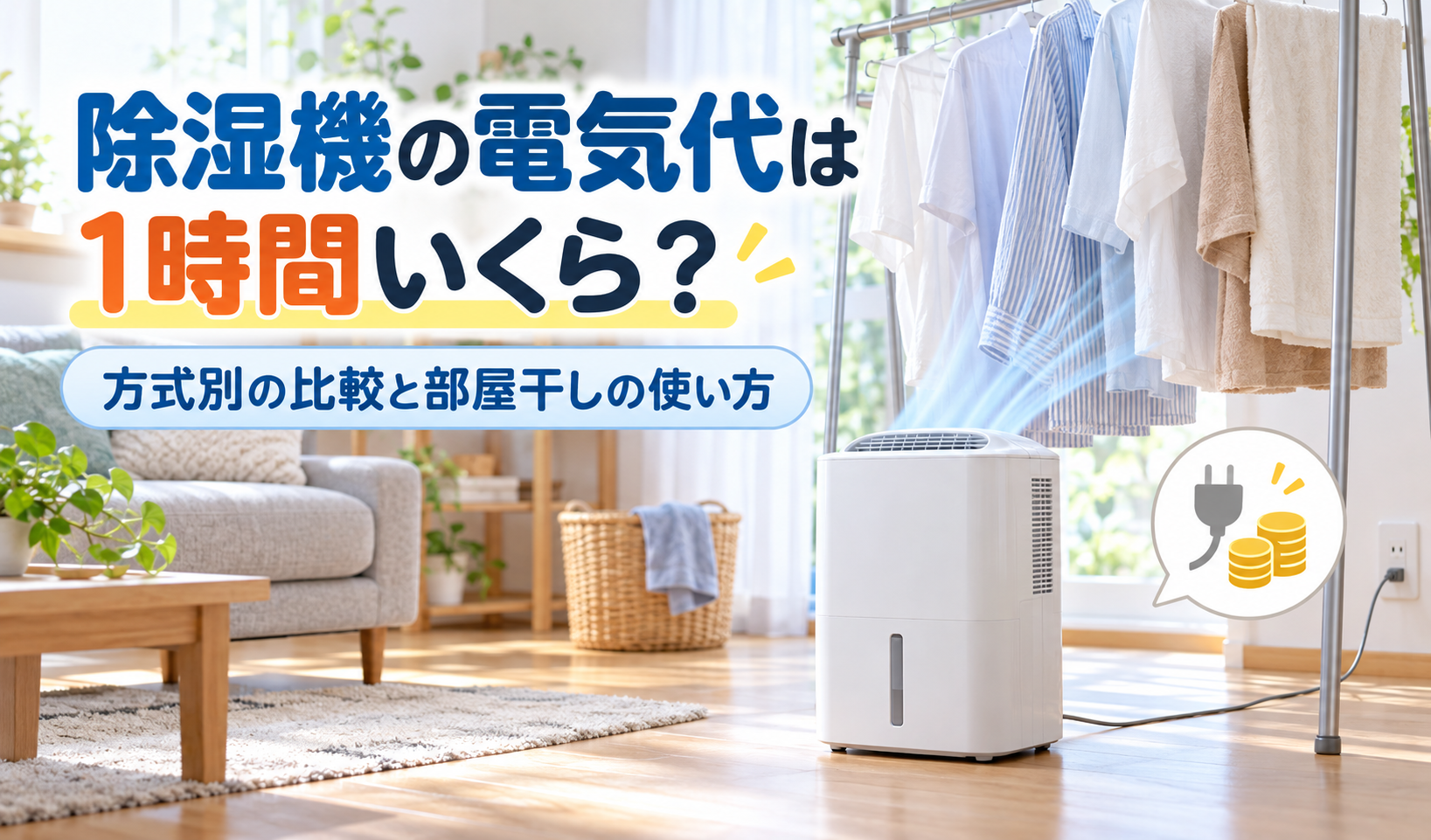 部屋干しの洗濯物のそばで除湿機を使い、電気代を示す見出しを添えたサムネイル