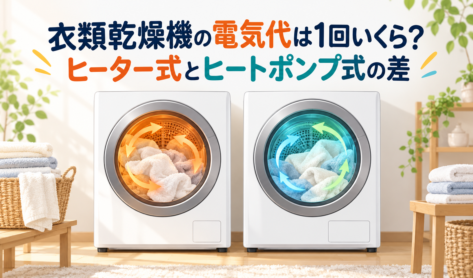 ヒーター式とヒートポンプ式の衣類乾燥機を並べ、電気代の違いを紹介するサムネイル
