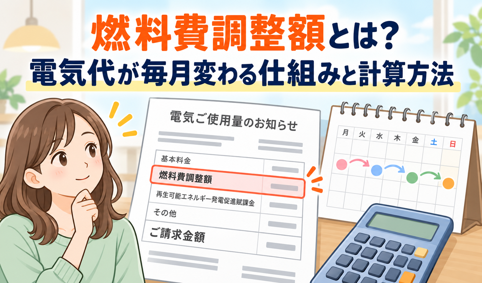 電気料金のお知らせに記載された燃料費調整額を見ながら、毎月変わる電気代の仕組みと計算方法を確認する女性のイラスト