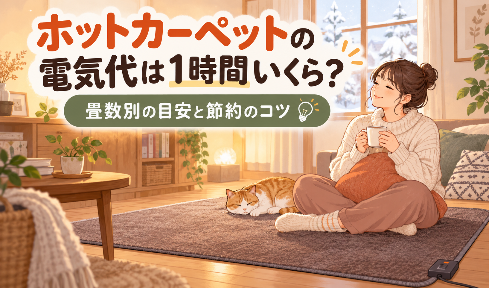 冬の室内でホットカーペットに座って暖まる人物と、電気代の目安や節約のコツを示すサムネイル