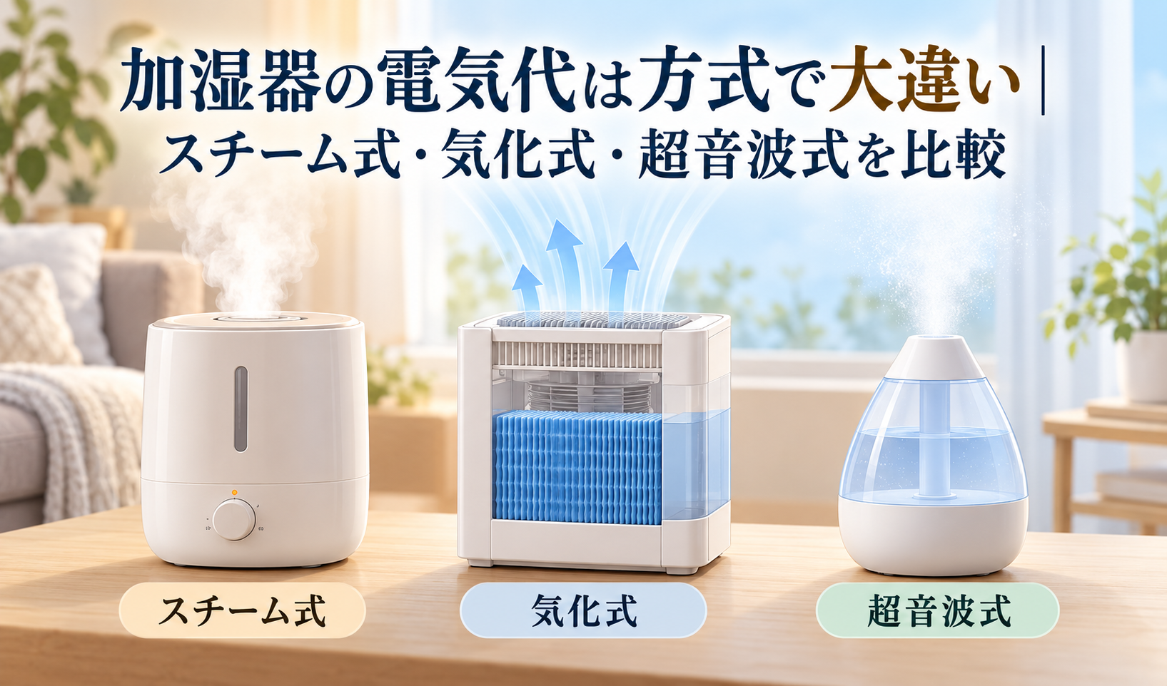 スチーム式・気化式・超音波式の加湿器を並べ、電気代の方式別比較を示すイラスト
