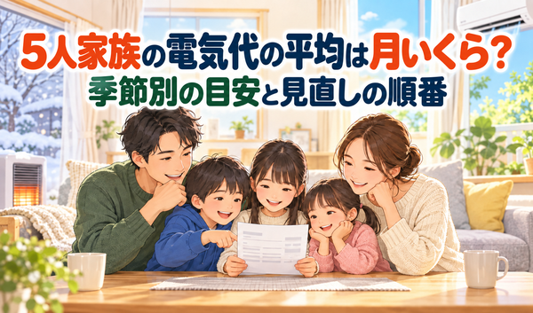 5人家族が電気代の明細を確認し、記事タイトルが表示されたイラスト