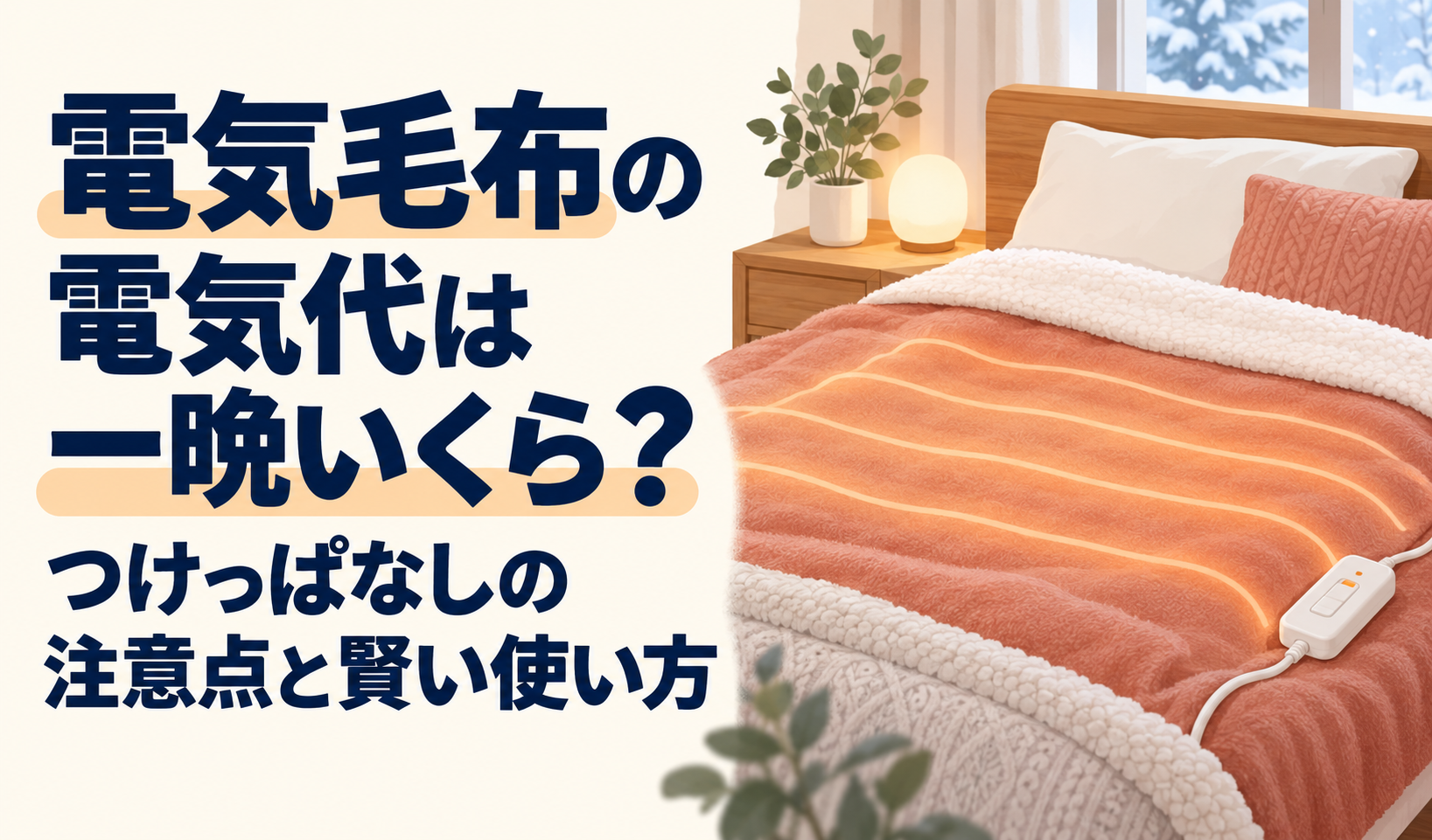電気毛布を敷いたベッドと温度調節器を描き、一晩の電気代やつけっぱなしの注意点を示したサムネイル