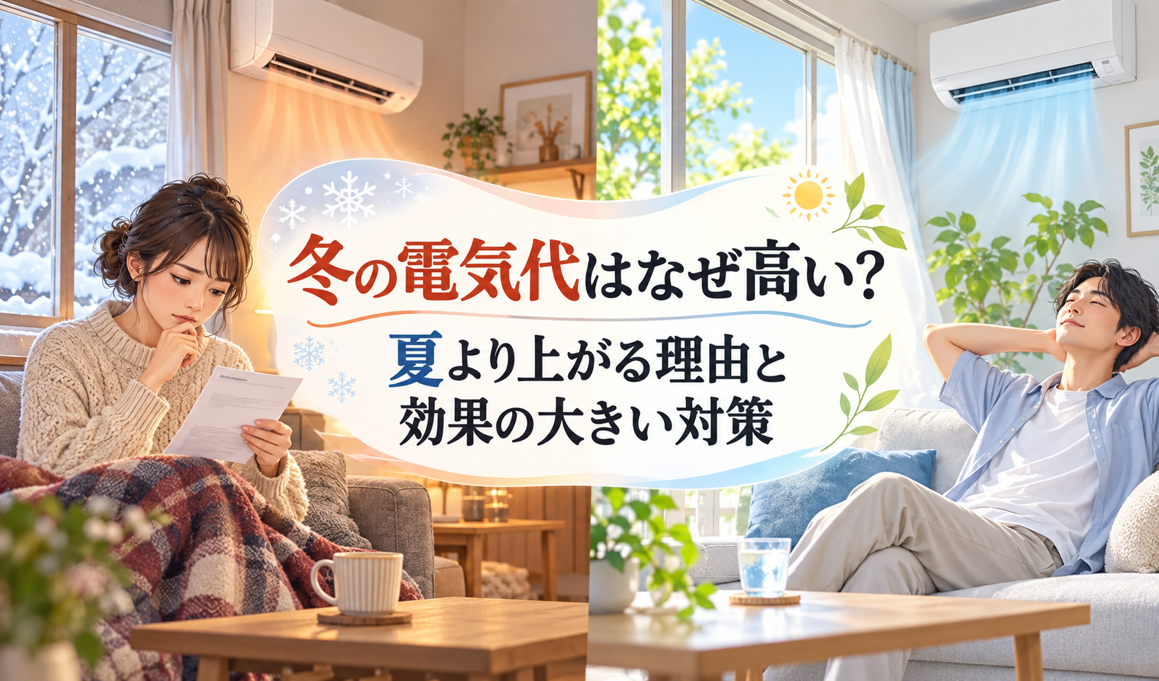 雪の降る冬に電気代の請求書を見る女性と、夏に冷房でくつろぐ男性を比較したイラスト