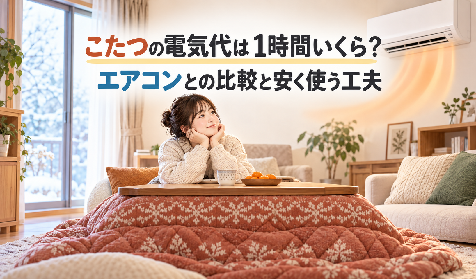 冬の室内でこたつに入る女性と壁掛けエアコンを描いた、電気代比較の記事サムネイル