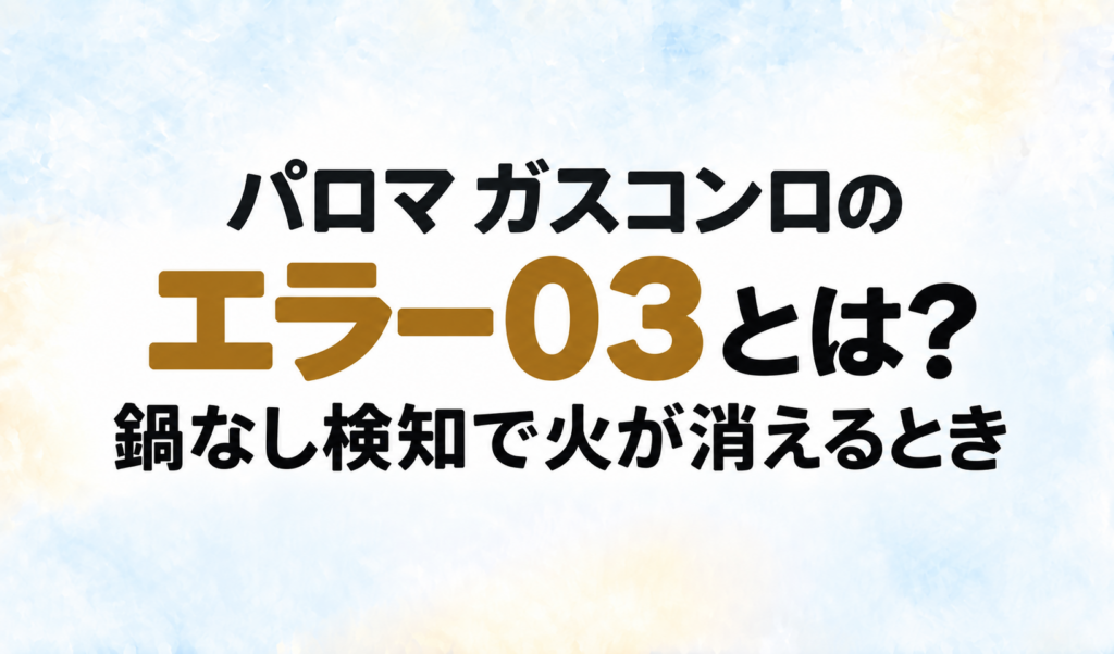 パロマ ガスコンロのエラー03と、鍋なし検知で火が消えるときについて示す文字のみのサムネイル