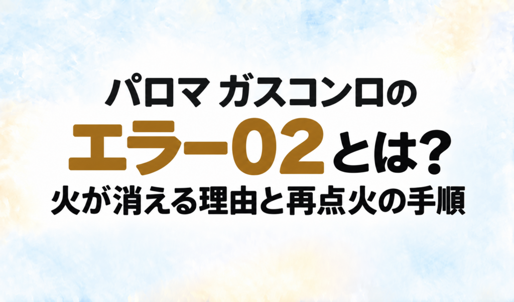 パロマ ガスコンロのエラー02と、火が消える理由・再点火の手順を示す文字のみのサムネイル