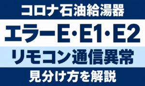 コロナ石油給湯器のエラーE・E1・E2とリモコン通信異常の見分け方を示す文字中心のサムネイル