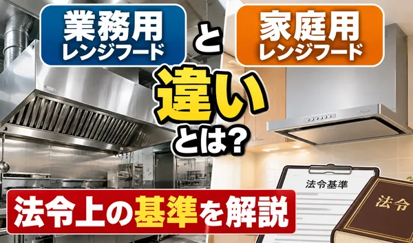 業務用レンジフードと家庭用レンジフードの違いを比較し、法令上の基準を解説するサムネイル画像