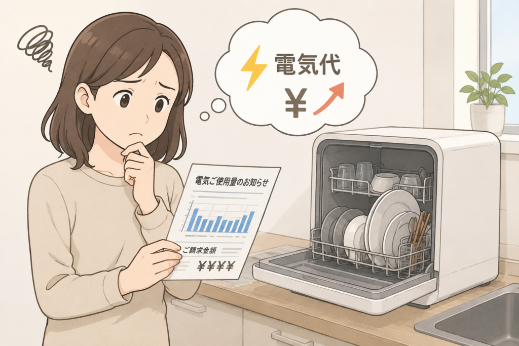 食洗機の電気代がどれくらいかかるのか、電気使用量のお知らせを見ながら心配している女性のイラスト
