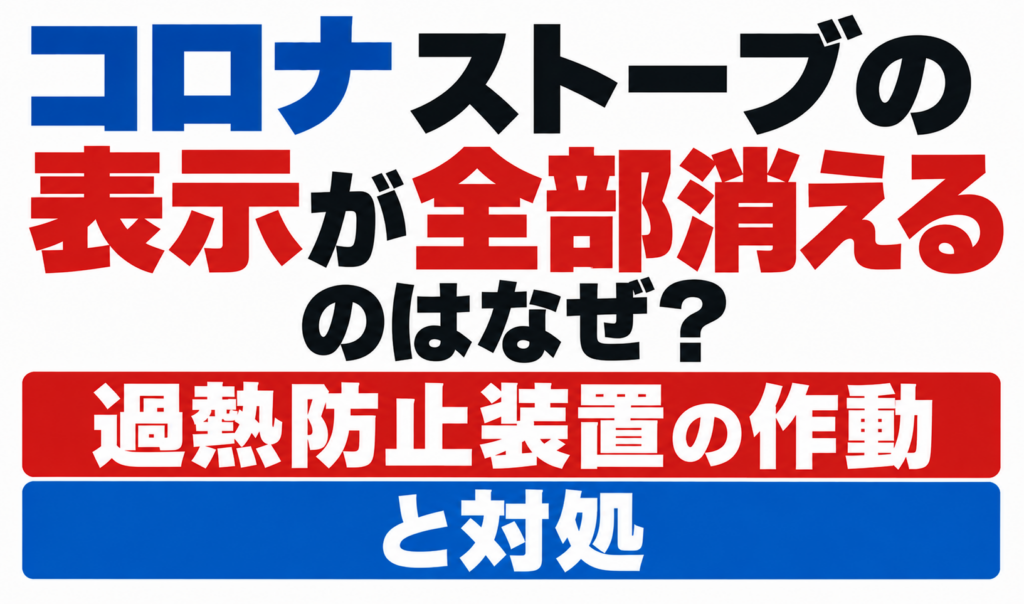 コロナストーブの表示が全部消える原因と、過熱防止装置が作動したときの対処を示したサムネイル画像