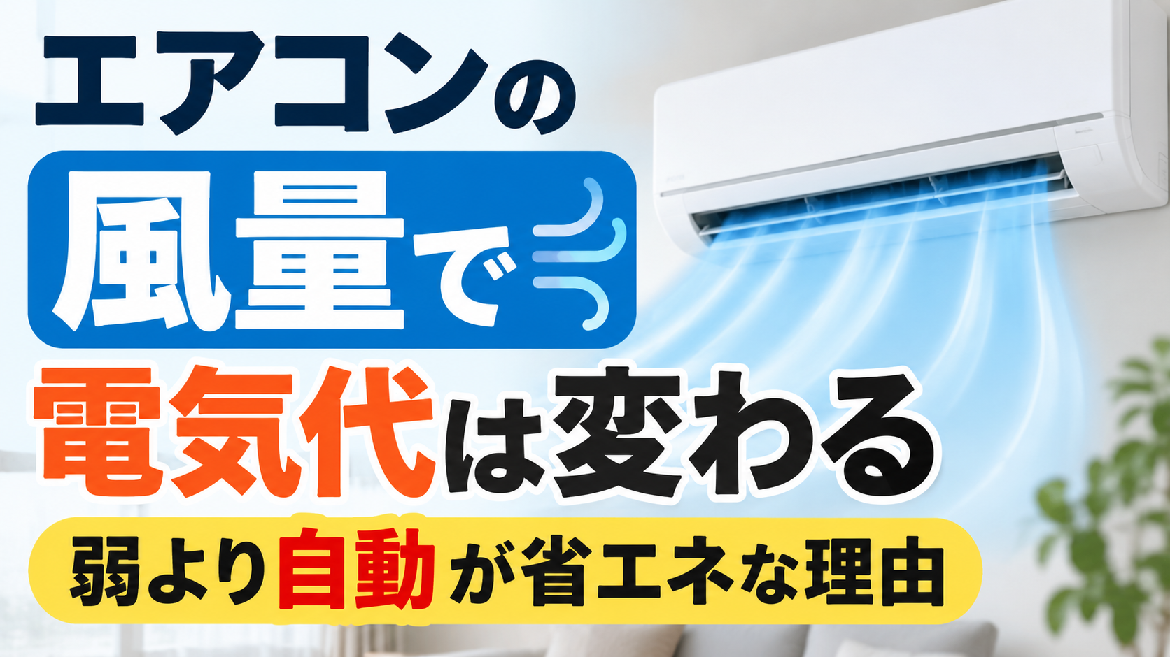 エアコンの風量設定による電気代の違いと、弱運転より自動運転が省エネになる理由を表したイラスト