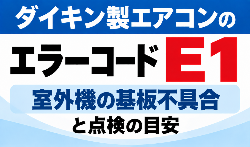 ダイキン製エアコンのエラーコードE1について、室外機の基板不具合と点検の目安を示した文字のみのサムネイル画像