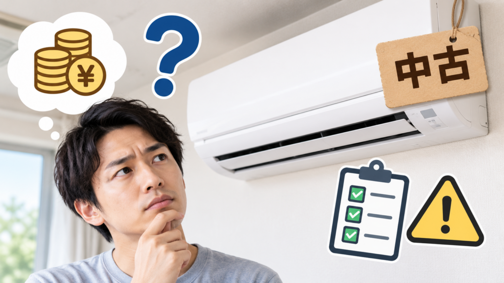中古エアコンを工事費込みで購入するか、費用やリスクを考えながら検討している男性のイメージ