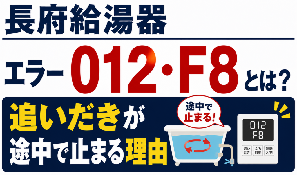 長府給湯器のエラー012・F8と追いだきが途中で止まる理由について解説するサムネイル画像