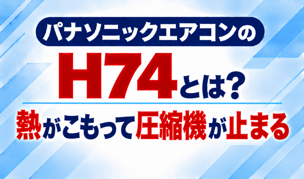パナソニックエアコンのエラーコードH74と、熱がこもって圧縮機が止まる症状について示した文字のみのサムネイル画像