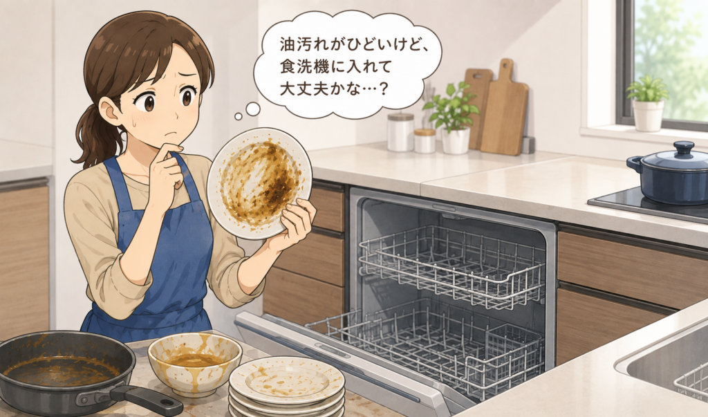 油汚れがひどい食器をビルトイン食洗機に入れてよいか悩んでいる女性のイラスト