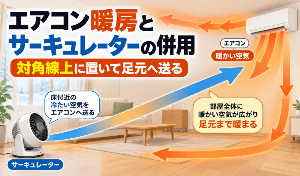 エアコンの対角線上に置いたサーキュレーターから床付近の空気をエアコンへ送り、暖気を部屋全体に循環させる方法を示したイラスト