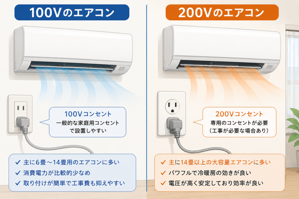 100Vと200Vのエアコンを左右2分割で比較し、それぞれのエアコン本体とコンセントの違いを示したイラスト