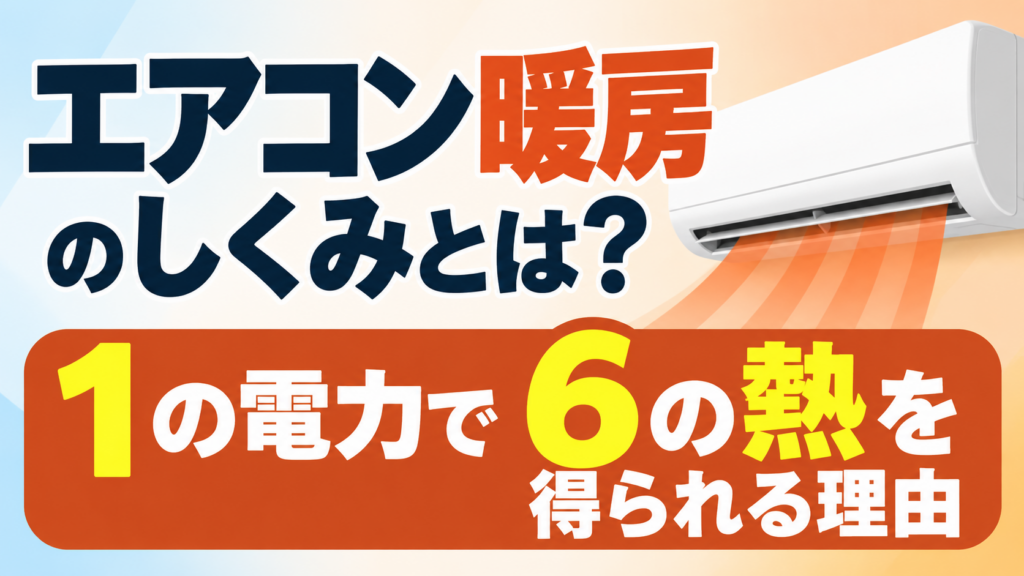 エアコン暖房のしくみと、1の電力で6の熱を得られる理由を解説するイメージ画像