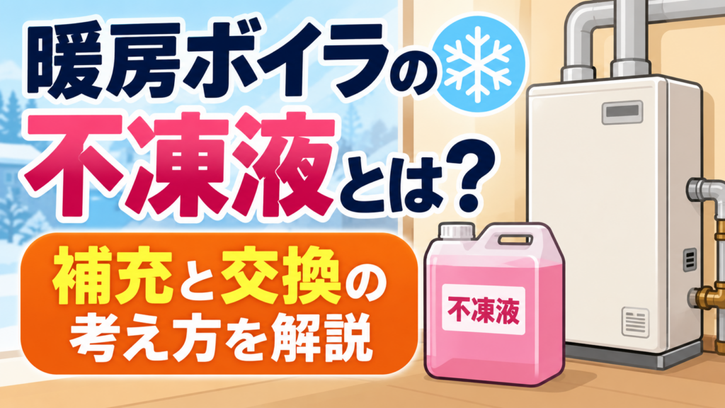 暖房ボイラと不凍液の容器を描き、暖房ボイラの不凍液の補充と交換について解説するイラスト