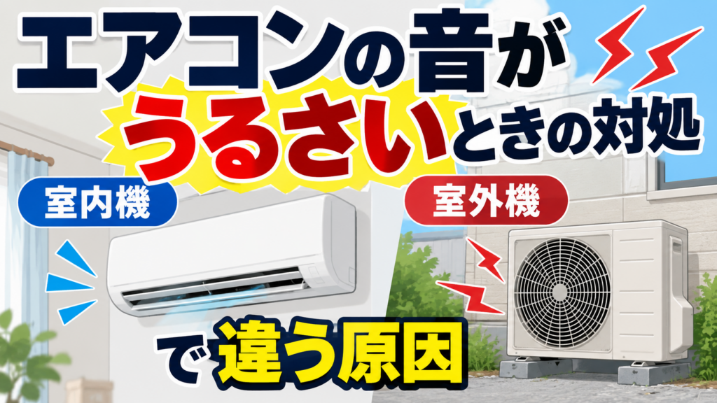 エアコンの音がうるさいときの対処について、室内機と室外機で原因が異なることを示したイラスト