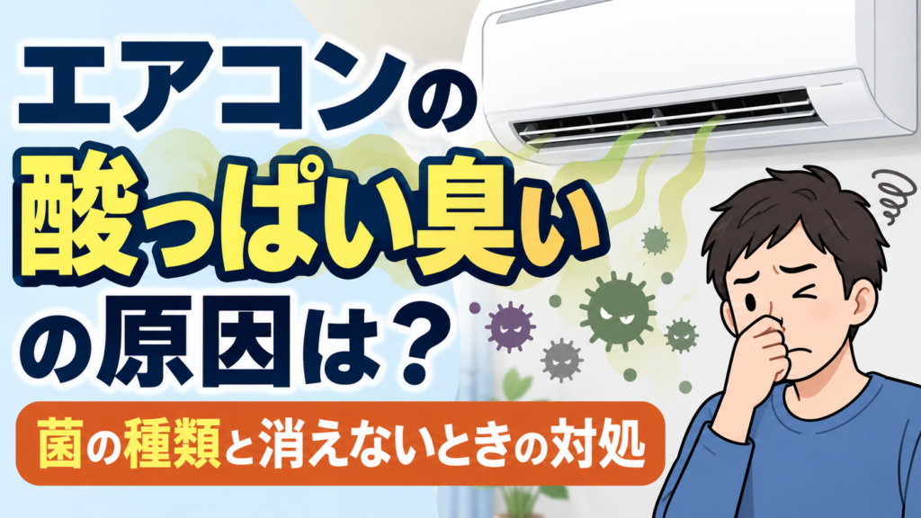 エアコンから酸っぱい臭いが漂い、菌をイメージしたイラストと鼻を押さえて困っている男性を描いたサムネイル画像