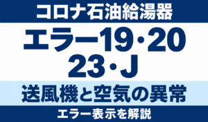 コロナ石油給湯器のエラー19・20・23・Jと送風機・空気の異常を示す文字中心のサムネイル