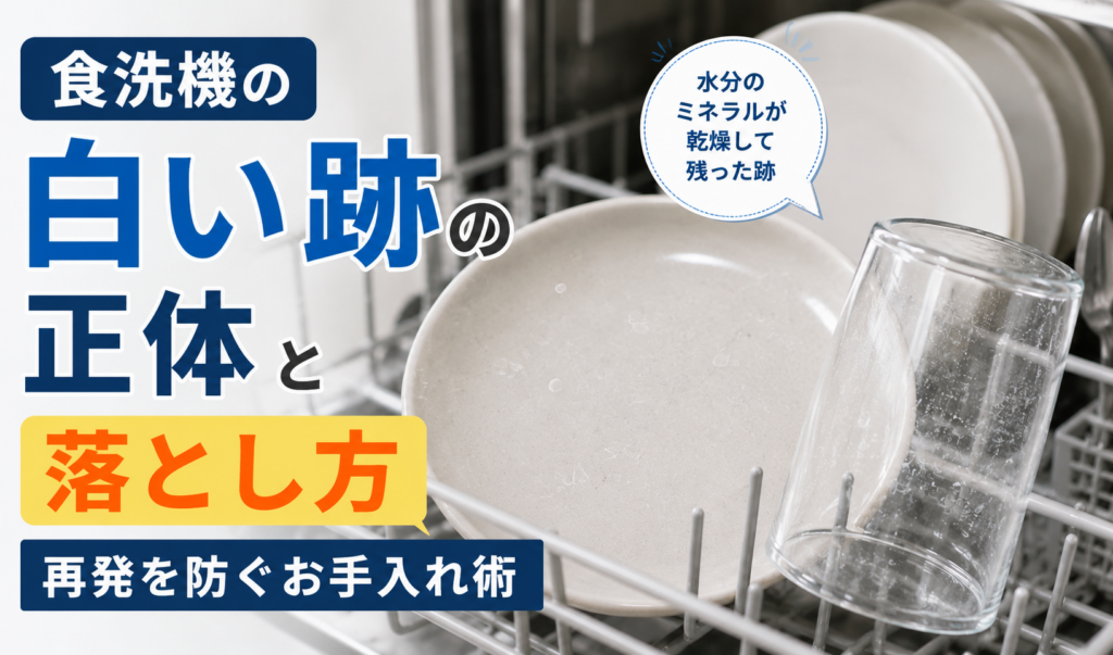 食洗機で洗った食器やグラスに、水道水のミネラルが乾燥して薄い白い水滴跡として残っている様子