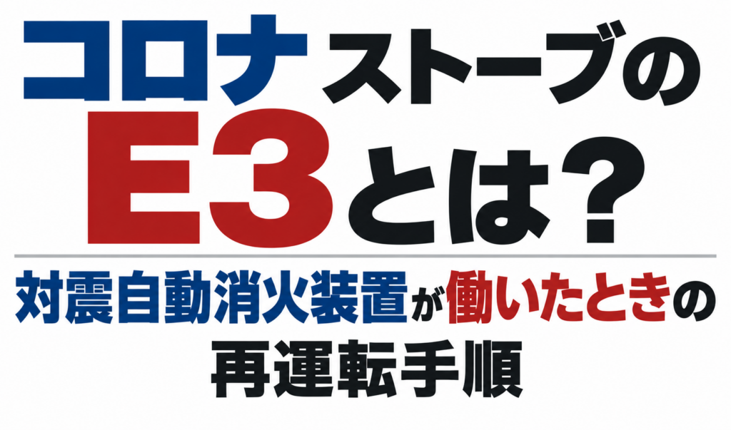 コロナストーブのE3表示について、対震自動消火装置が働いたときの再運転手順を示したサムネイル画像