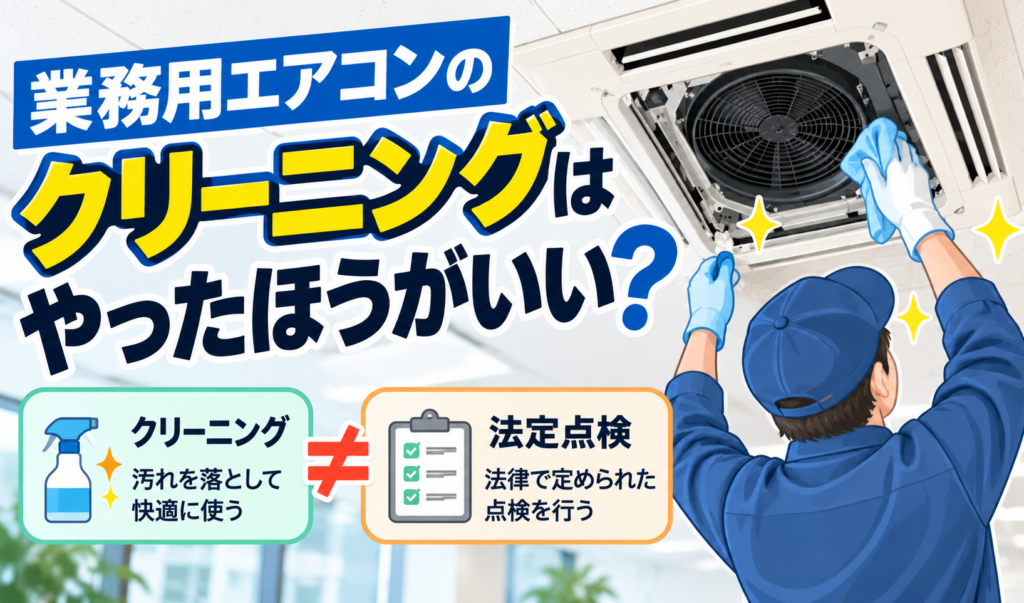 業務用エアコンをクリーニングする作業員と、クリーニングと法定点検の違いを示したイラスト