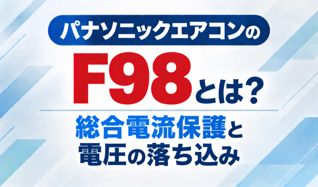 パナソニックエアコンのエラーコードF98と、総合電流保護・電圧の落ち込みについて示したサムネイル画像