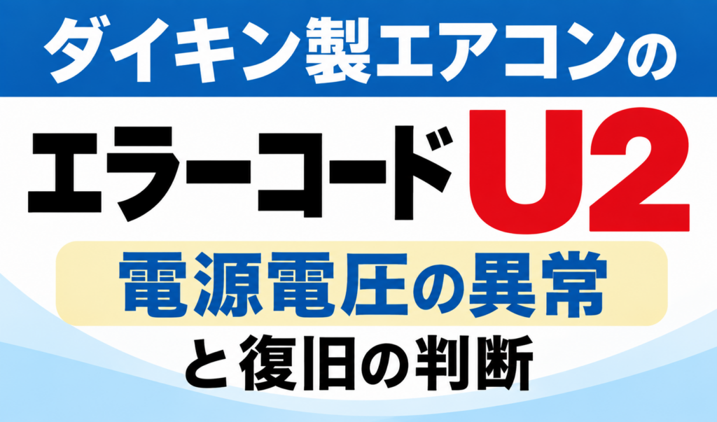 ダイキン製エアコンのエラーコードU2について、電源電圧の異常と復旧の判断を示したサムネイル画像