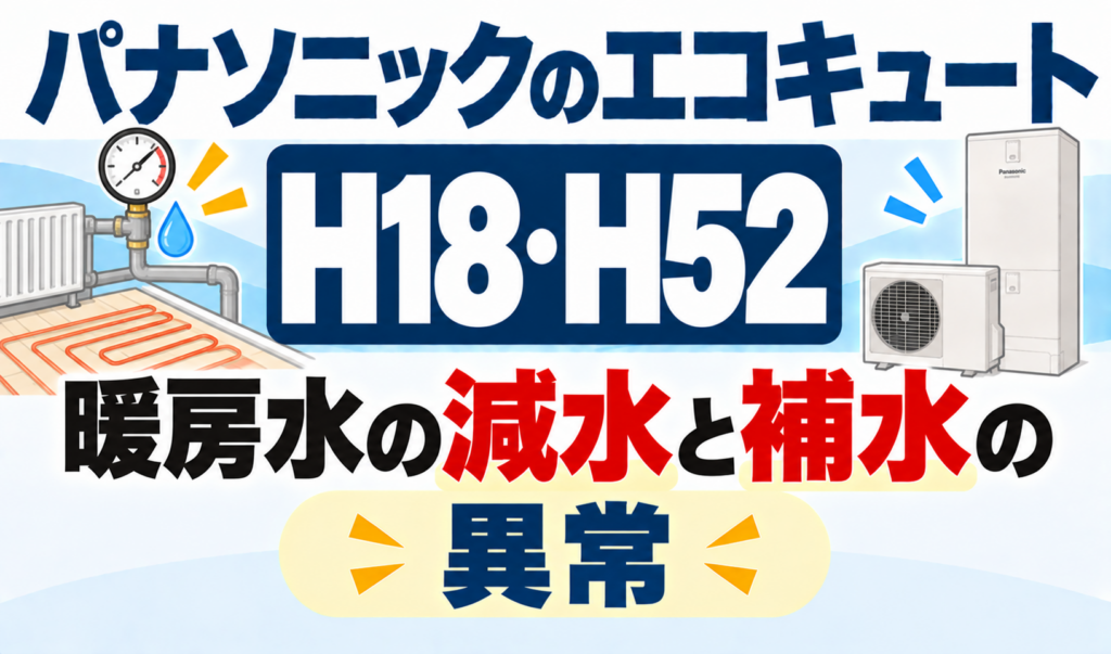 パナソニックのエコキュートH18・H52で、暖房水の減水と補水の異常について解説するサムネイル画像