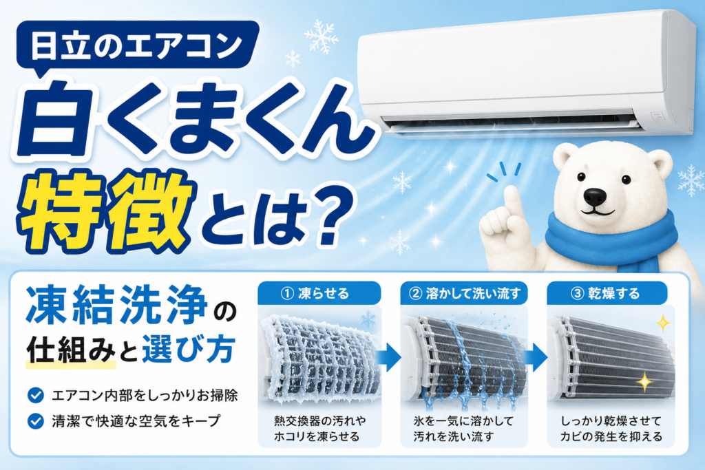 日立のエアコン「白くまくん」と凍結洗浄の仕組みを紹介するイメージ