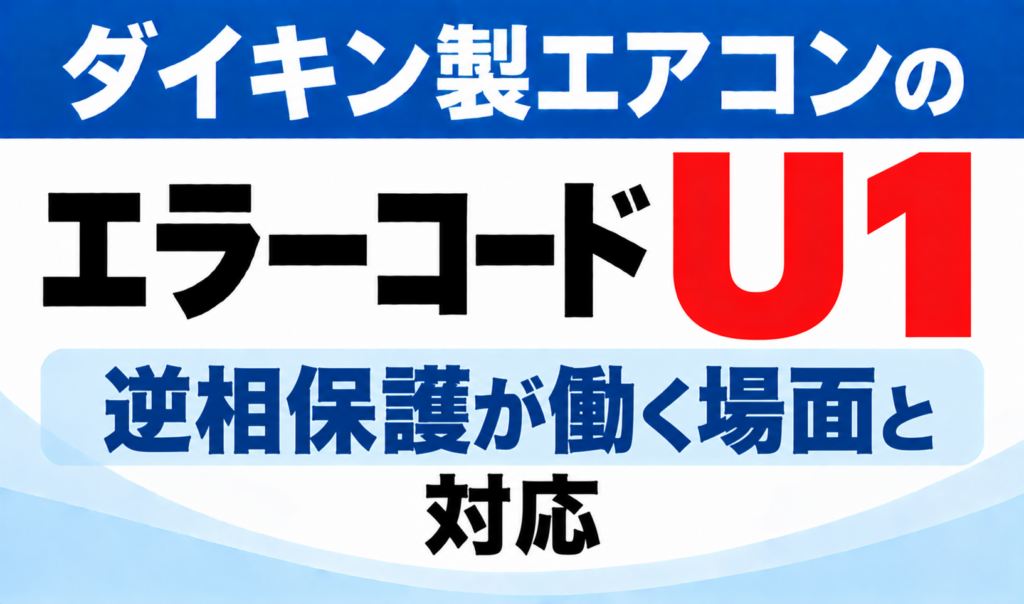 ダイキン製エアコンのエラーコードU1について、逆相保護が働く場面と対応を示した文字のみのサムネイル画像