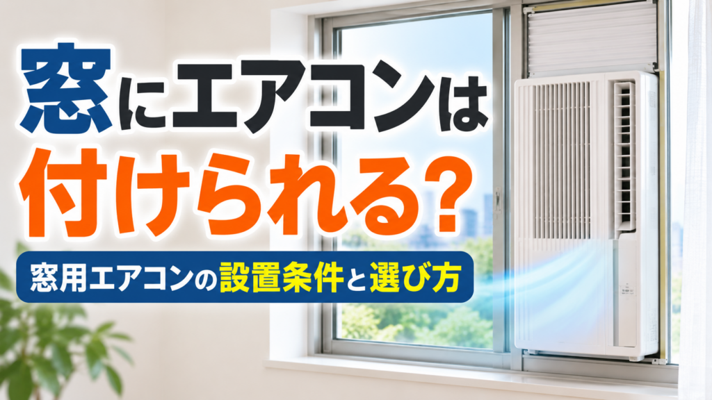 窓に設置された窓用エアコンと、設置条件や選び方を紹介するサムネイル画像