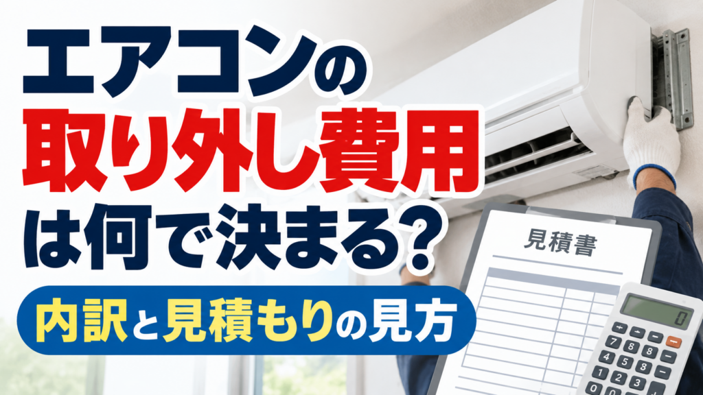 エアコンの取り外し作業と見積書・電卓を組み合わせ、取り外し費用の内訳と見積もりの見方を表現したサムネイル画像