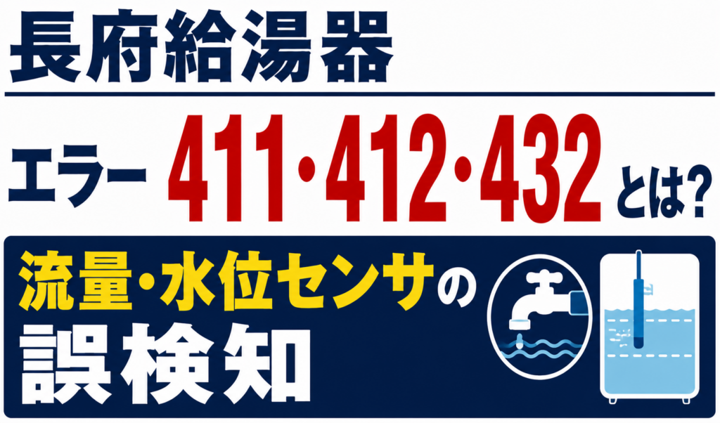 長府給湯器のエラー411・412・432と流量・水位センサの誤検知について解説するサムネイル画像