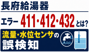 長府給湯器のエラー411・412・432と流量・水位センサの誤検知について解説するサムネイル画像