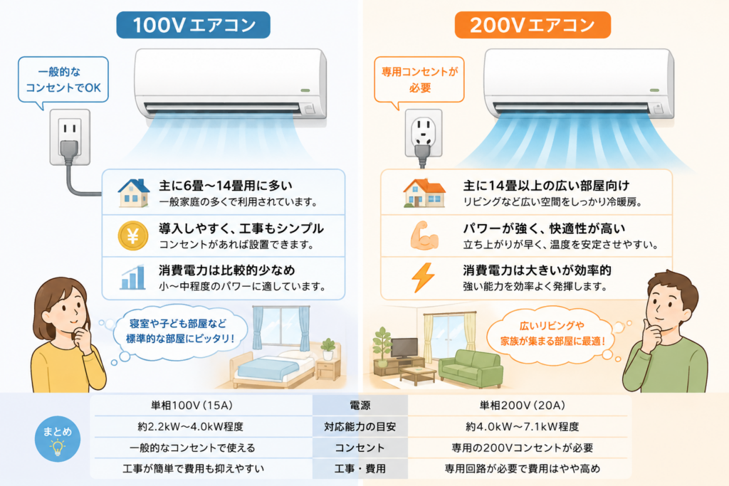 100Vと200Vのエアコンの違いを、コンセントや対応する部屋の広さ、冷暖房能力などで比較したイメージイラスト