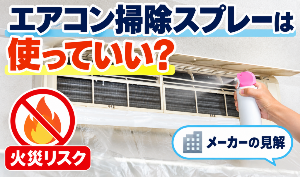 エアコン掃除スプレーを吹きかける様子と、火災リスクやメーカーの見解を示したイメージ画像